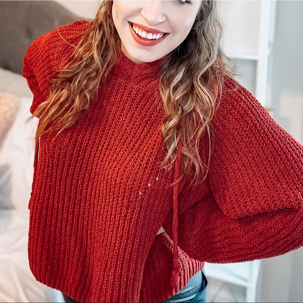 Red knit hoodie
